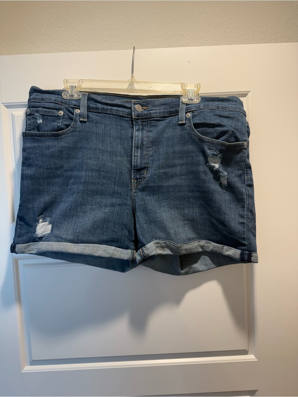 Levi's Dark Blue Distressed Denim Roll-Cuff Shorts 34